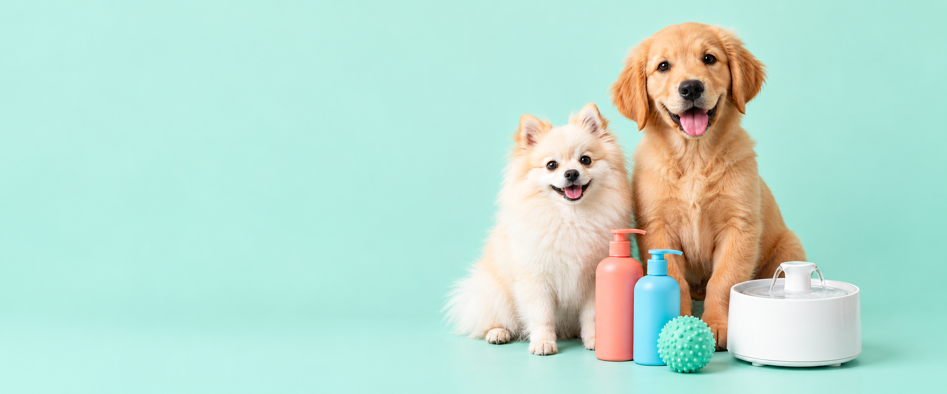 Cachorrinhos fofos com produtos de cuidado e fonte de água